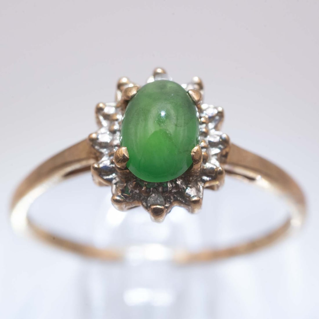 10k Gold Natural Icy Type A Green Jade Ring: Medium: Natural Icy Type A Green JadeSize: US7 1.6gramAge/Detail: 10k GoldCondition: great overall, check photo for condition reference.Provenance:Collection from Estate in TribeccaLiveShipping is NOT