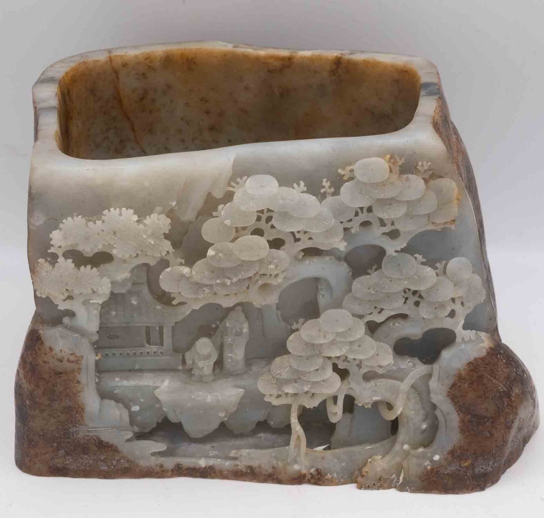 Chinese Carved Natural White Icy Jadeite Landscape Brush Holder: Medium: Natural White Icy JadeiteSize: 7x6x4.8 inchesAge/Detail: Chinese CarvedCondition: great overall, check photo for condition reference.Provenance:Collection from Estate in TribeccaLiveShipping i