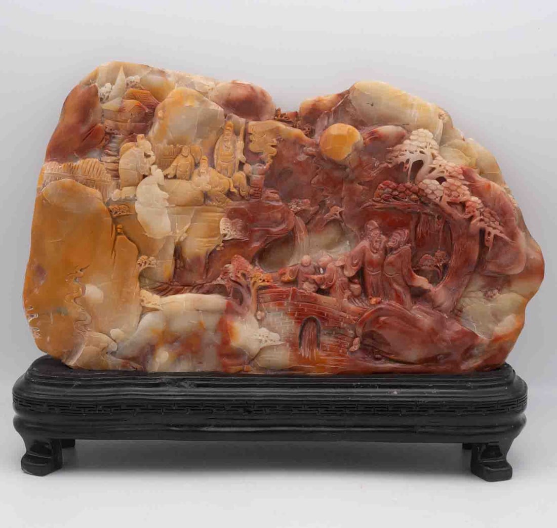 Chinese Carved Shoushan Stone Landscape Sculpture: Medium: Shoushan StoneSize: 10x3x8 inchesAge/Detail: Chinese CarvedCondition: great overall, check photo for condition reference.Provenance:Collection from Estate in TribeccaLiveShipping is NOT a part