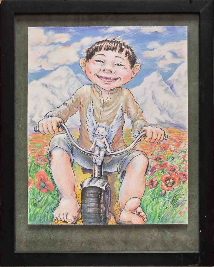 Vintage Russian Pastel On Paper "Boy Riding Bike" (1 of 6)