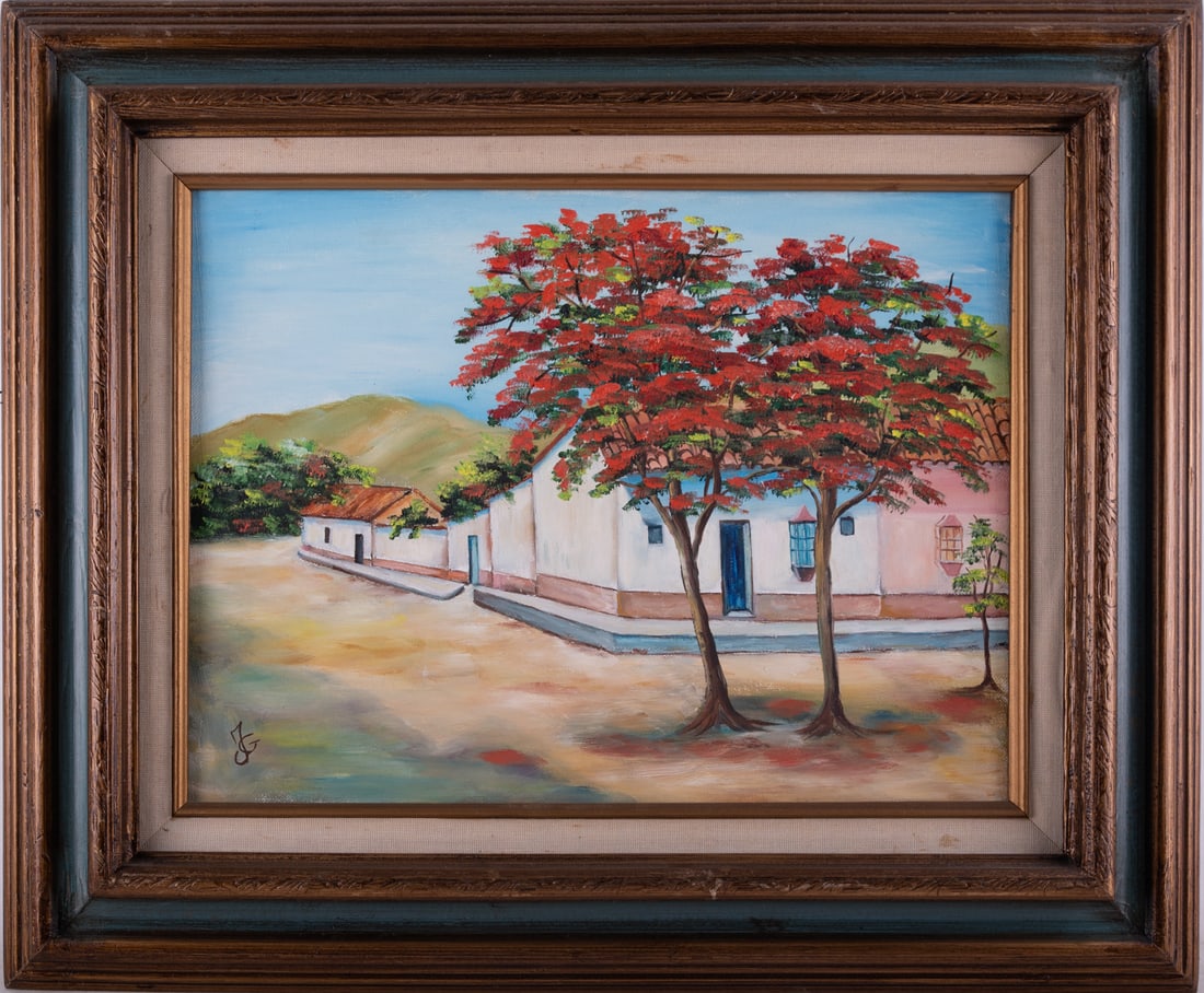 Vintage Impressionist Oil On Board "Red Trees": Title: Red Trees Medium: Oil On Board Size: 12 x 16 inches Frame: 19 x 23 inches Age: Vintage Condition: Item is in excellent condition. Signature: Signed lower left initial Provenance: Collection fro
