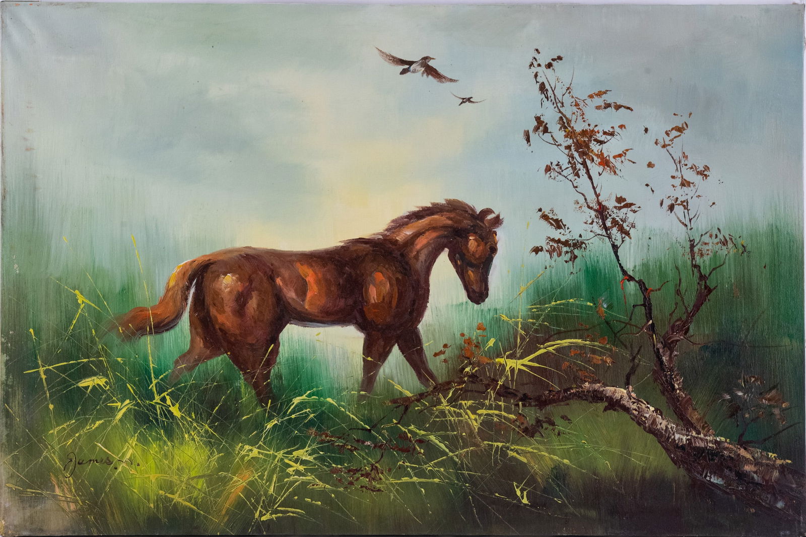 Vintage Scenic Oil On Canvas "Horse" (1 of 5)