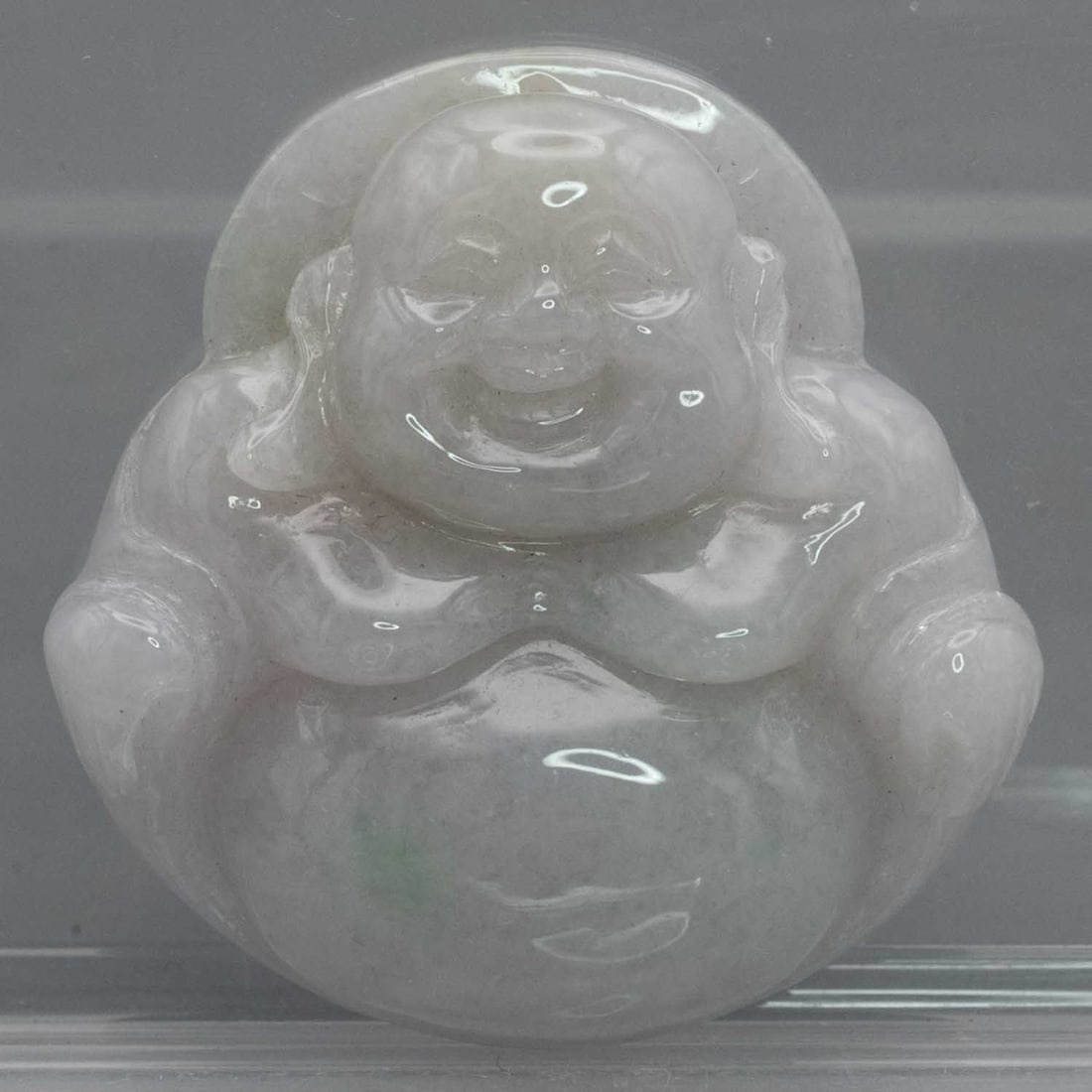 Chinese Carved Natural Jadeite Large Buddha Pendant: Medium: Natural Jadeite Size: 2x2x0.5 inches Age/Detail: Chinese Carved Condition: great overall, check photo for condition reference. Provenance: Collection from Estate in Williamsburg 