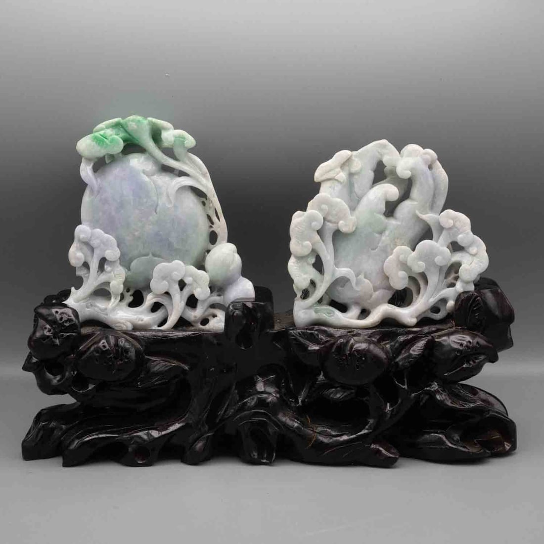 A Pair Of Old Chinese Carved Natural Jadeite Foshou Buddha's Hand Figure With Stand: Medium: Natural Jadeite Size: 10.3x3.3x7.3 inches Age/Detail: A Pair Of Old Chinese Carved Condition: great overall, check photo for condition reference. UV light reveals fluorescence in some openwork
