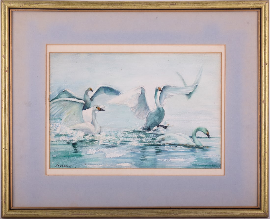 Early 20th C. Impressionist Watercolor On Paper "Swans" (1 of 8)