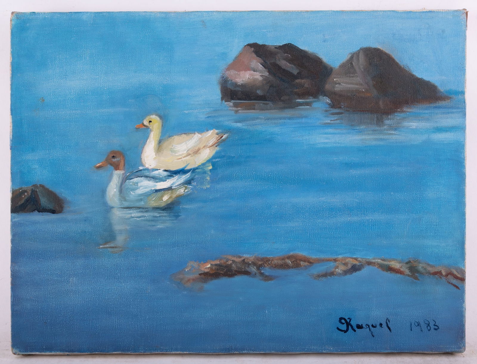 Vintage Modernist Oil On Canvas "Ducks On Water": Title: Ducks On Water Medium: Oil On Canvas Size: 12 x 16 inches Age: Vintage Condition: Item is in excellent condition. Signature: Raquel, 1983 Great for collection or home decoration. Provenance: Co