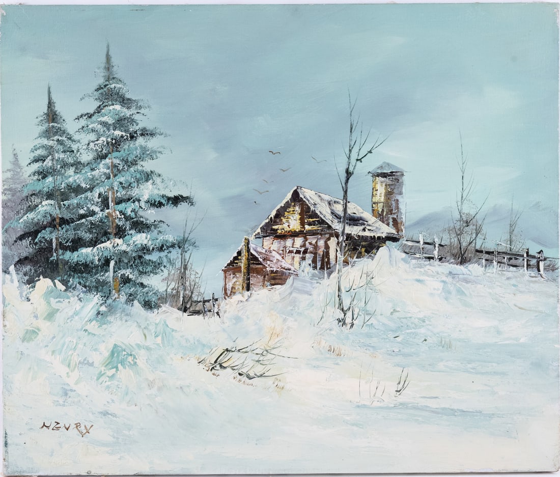 Vintage Scenic Oil On Canvas "House With Trees" (1 of 5)