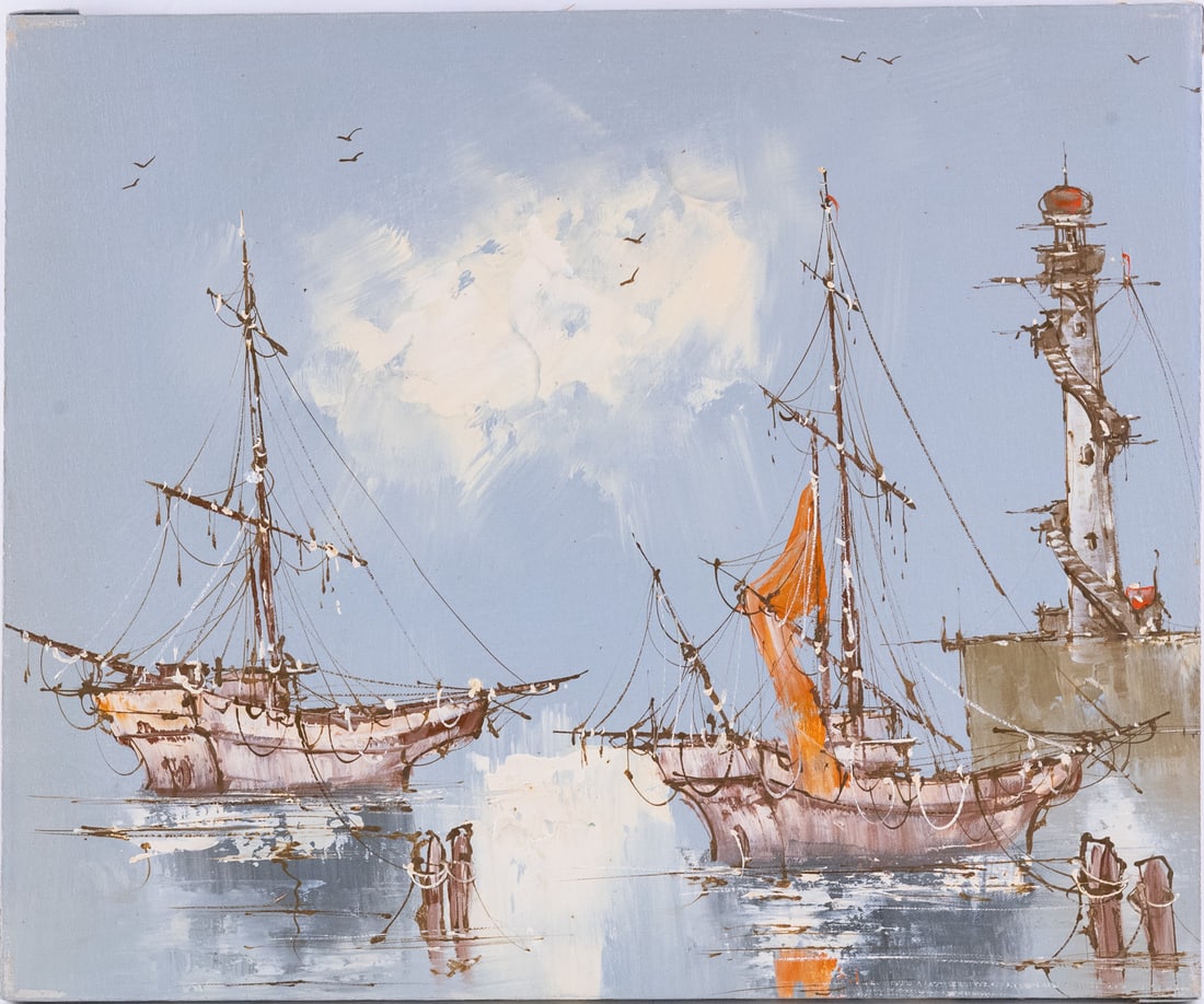 Vintage Impressionist Oil On Canvas "Mast Ships" (1 of 5)