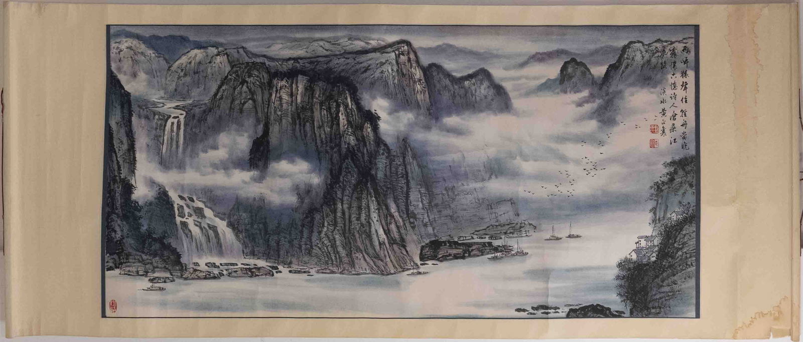 Large Old Chinese Ink And Color On Paper Scroll Mountain River Landscape (1 of 10)