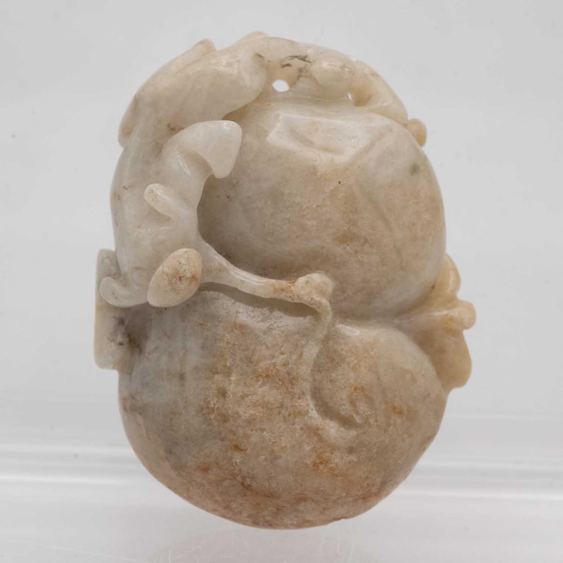 Chinese Carved Natural Jadeite Gourd Pendant: Medium: Natural Jadeite Size: 1.6x1.3x0.5 inches Age/Detail: Chinese Carved Condition: great overall, check photo for condition reference. Provenance: Collection from Estate in Williamsburg LiveShippi