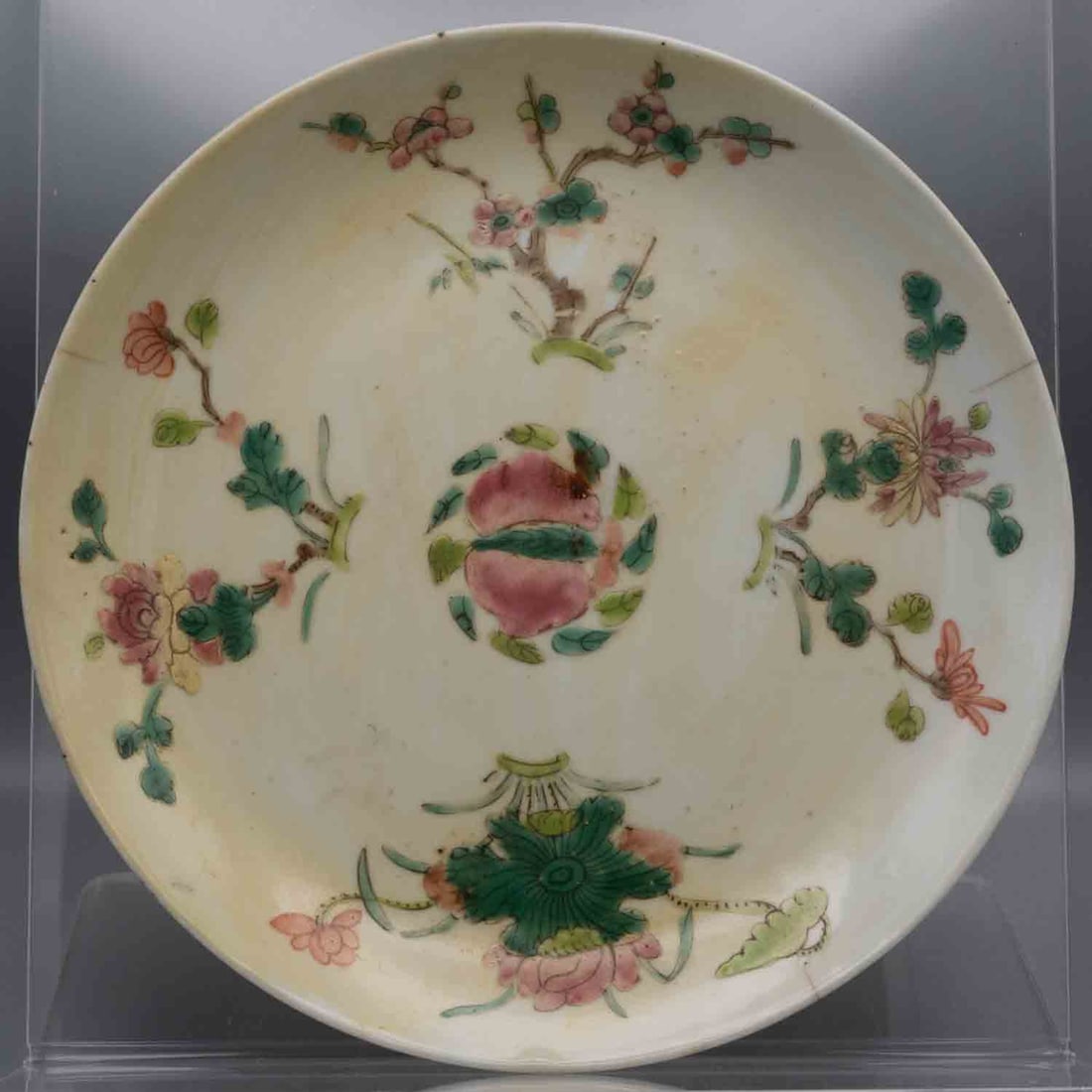 Chinese Republic Era Famille Rose Porcelain Large Decor Plate: Medium: Famille Rose Porcelain Size: 8x8x1 inches Age/Detail: Chinese Republic Era Condition: great overall, cracks and scratches, check photo for condition reference. Provenance: Collection from