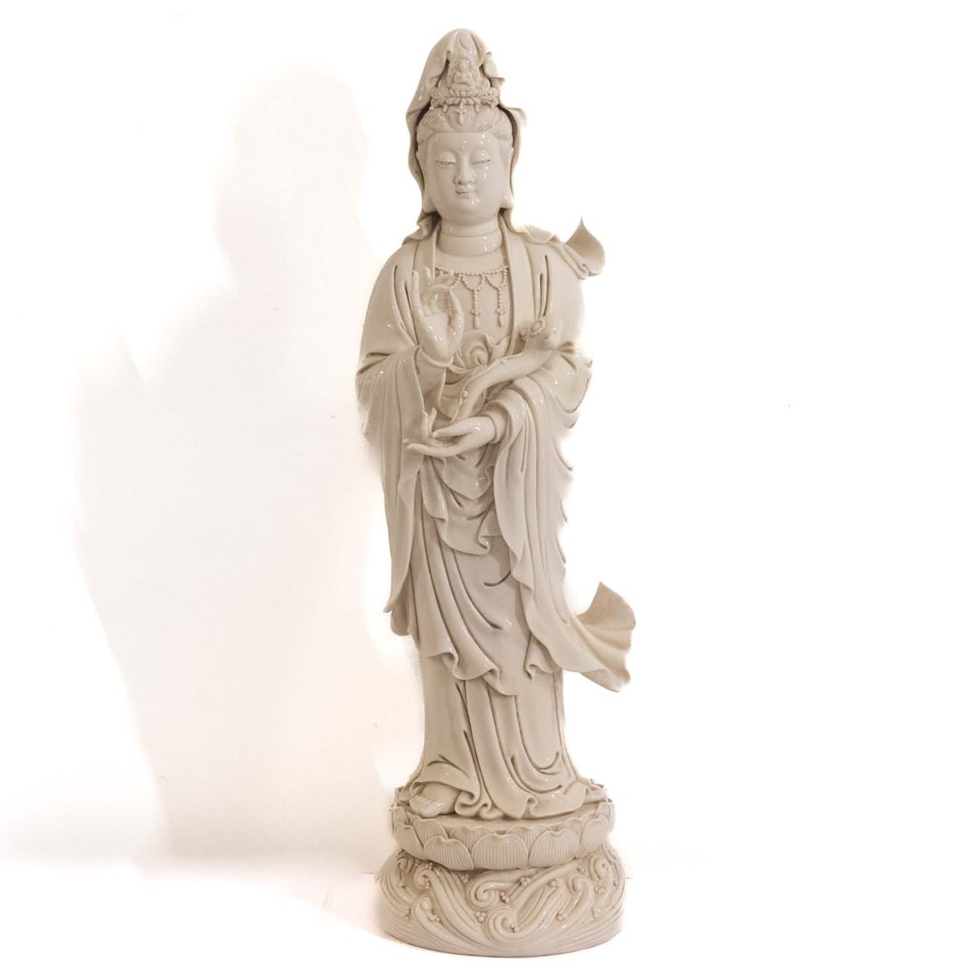 Very Large Chinese Dehua Blanc-de-Chine Porcelain Guanyin Figure: Medium: Dehua Blanc-de-Chine Porcelain Size: 23.5x8x7.5 inches Age/Detail: Very Large Chinese Condition: great overall, check photo for condition reference. Provenance: Collection from Estate in Willi
