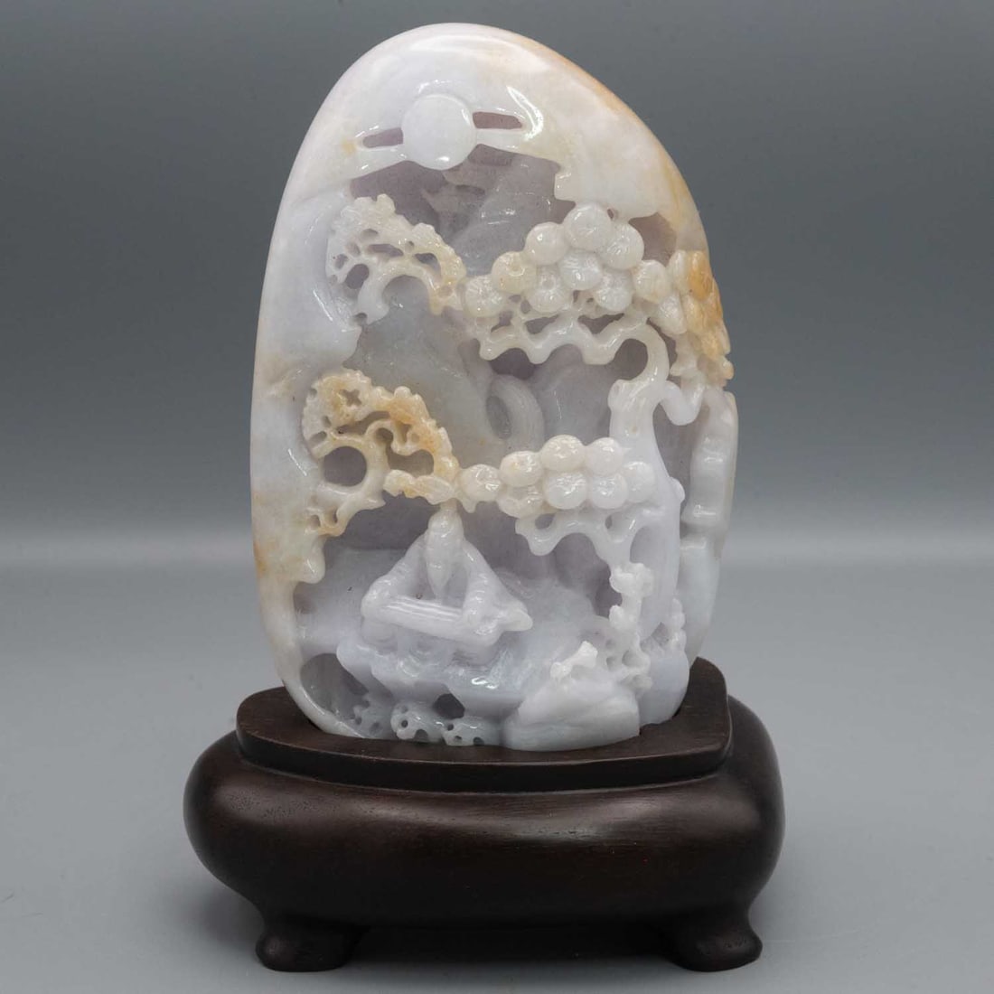 Vintage Chinese Carved Natural Jadeite Scholar Landscape Figure: Medium: Natural Jadeite Size: 4.5X3.5X6.5 inches Age/Detail: Vintage Chinese Carved Condition: great overall, check photo for condition reference. Provenance: Collection from Estate in Williamsburg Li