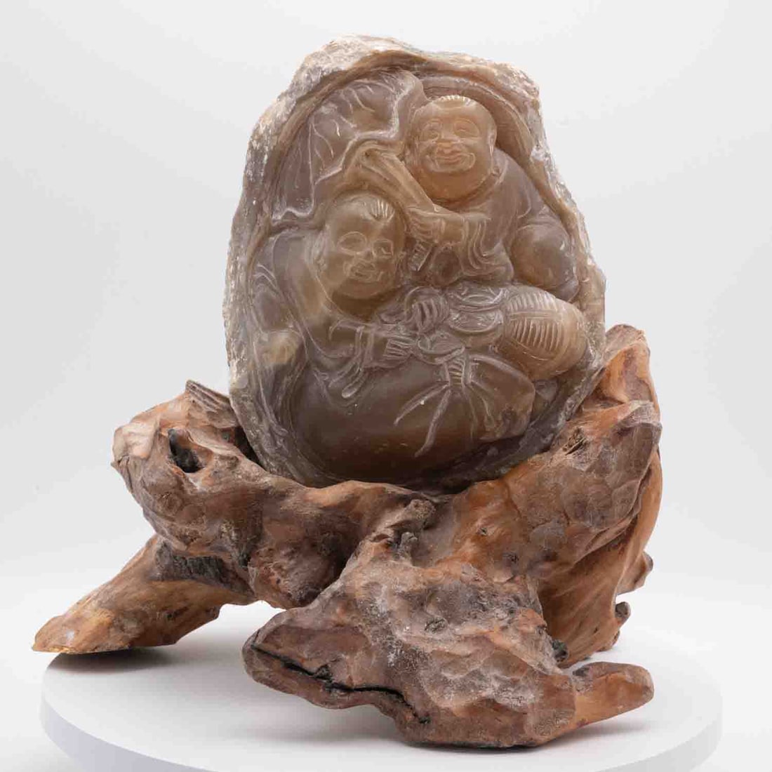 Old Chinese Hand Carved Agate Hehe ErXian Gods Sculpture: Medium: Agate Size: 8.5x8x6 inches Age/Detail: Old Chinese Hand Carved Condition: great overall, check photo for condition reference. Provenance: Collection from Estate in Tribecca Please view all the