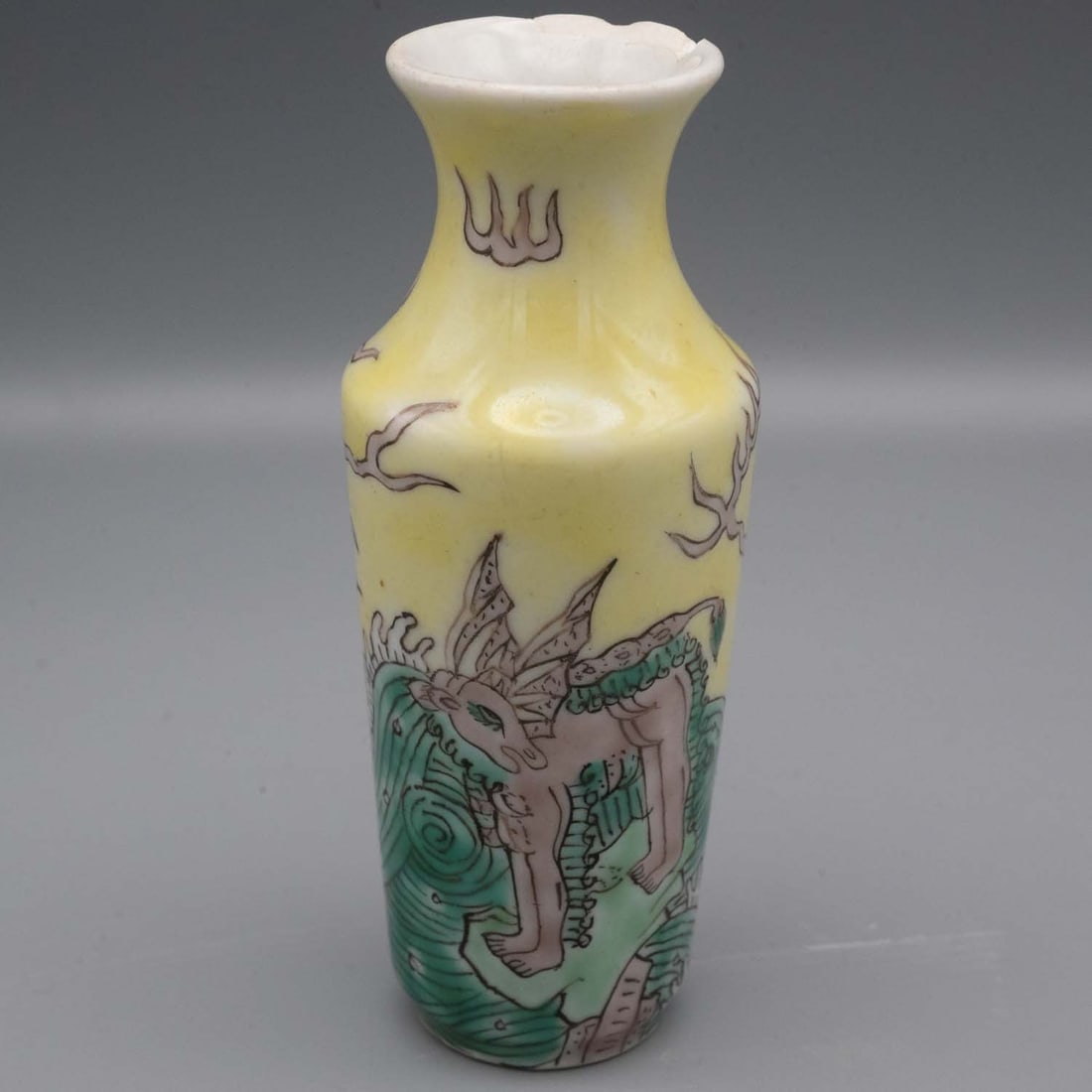 Old Chinese Porcelain Miniature Vase: Medium: Porcelain Size: 1.7x1.7x4 inches Age/Detail: Old Chinese Condition: great overall, broken parts on the top, check photo for condition reference. Provenance: Collection from Estate in Williamsb