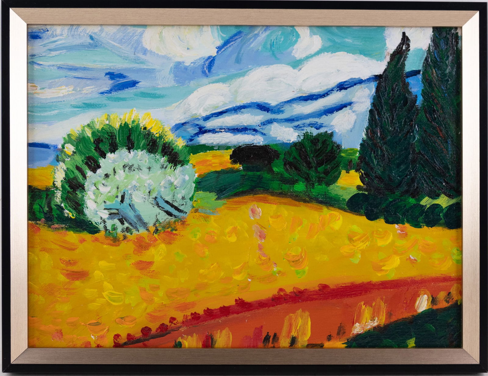 Hand Painted After Van Gogh Oil On Canvas "Wheat Field": Title: Wheat Field Medium: Oil On Canvas Size: 16 x 12 inches Frame: 17 x 13 inches Age: Hand Painted Condition: Great Overall All Provenance: Combined shipping rate available. For affordable buyer-ar