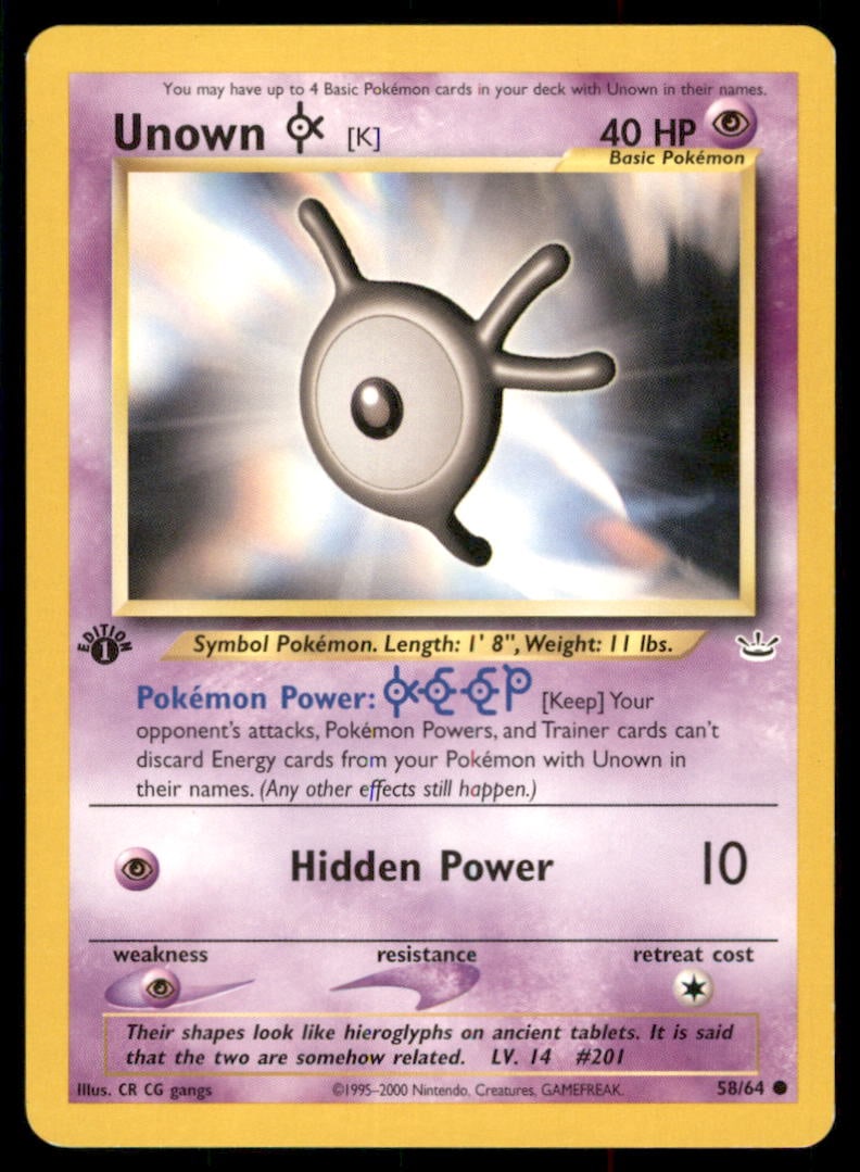 Unown [K] Neo Revelation #58/64 1st. ED. Pokemon Card: We offer combined shipping on multiple items. Buyers may also arrange their own shipping. LiveShipping is a separate and independent option for shipping that is NOT a part of the auction house or thei