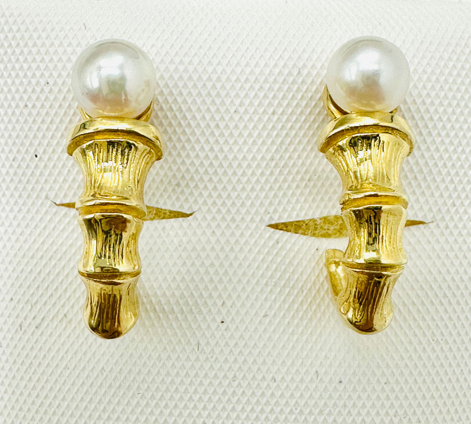 14KT Yellow Gold,Pair of Pearl Bamboo Earrings # 2688 (1 of 4)