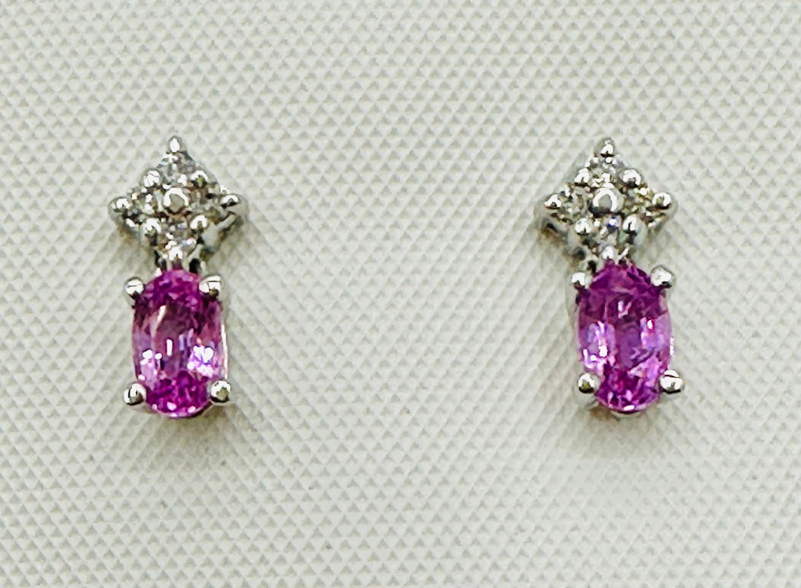 14KT White Gold,Pair of Natural Diamond and Oval Pink Sapphire Earrings # 2742 (1 of 3)