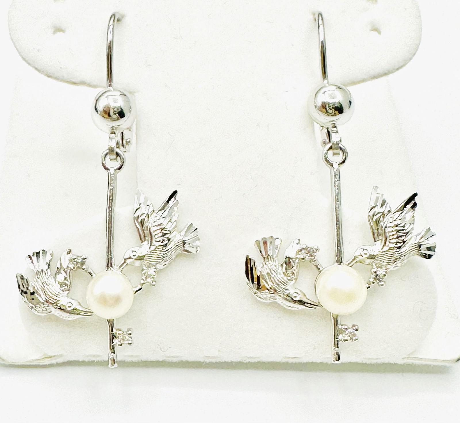 14KT White Gold Pearl And Diamond Dropped Bird Earrings - J11247 (1 of 4)