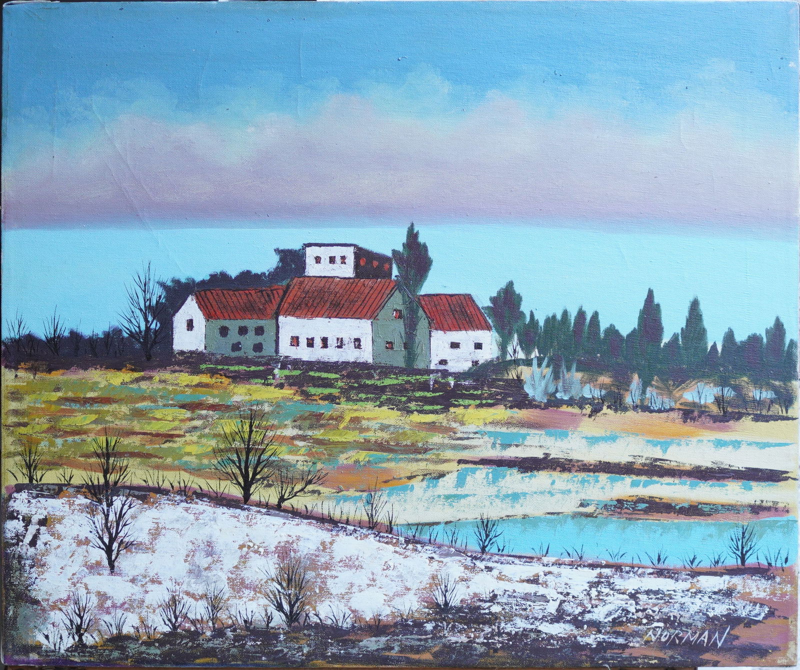 Crimson Roofs in Winter Glow Oil on Canvas Painting: Oil Painting on Canvas