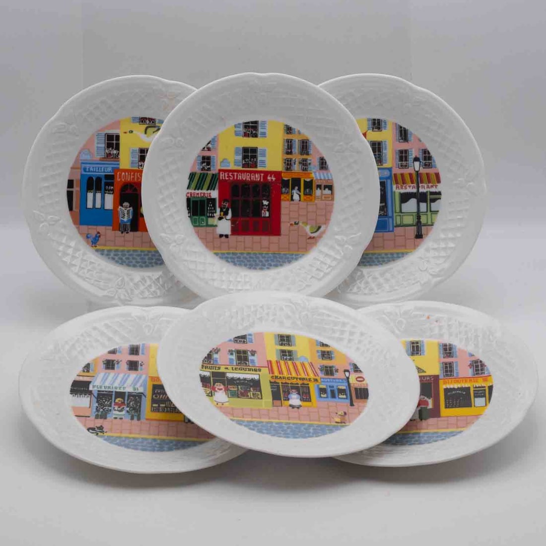 Set of Six Philippe Deshoulieres Limoges Porcelain Plates Of French street: Medium: Porcelain Size: 6x6x0.7 inches/each Age/Detail: Set of Six Philippe Deshoulieres Limoges Condition: great overall, check photo for condition reference. Provenance: Collection from Estate in Wi