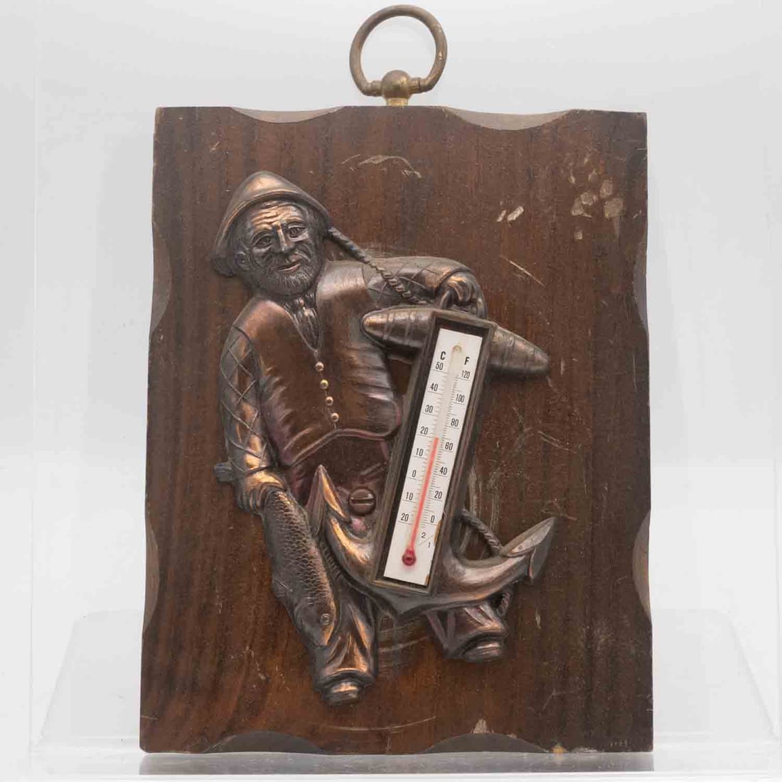 Vintage Cast Brass Relief Wall Plaque With Thermometer: Medium: Cast Brass Relief Size: 5.5x8.3x1.3 inches Age/Detail: Vintage Condition: great overall, check photo for condition reference. Provenance: Collection from Estate in Williamsburg LiveShipping is