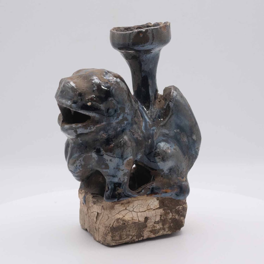 Old Chinese Clay Pottery Lion Candle Holder: Medium: Clay Pottery Size: 2x3.5x5 inches Age/Detail: Old Chinese Condition: great overall, chips, crackers, check photo for condition reference. Provenance: Collection from Estate in Williamsburg Liv