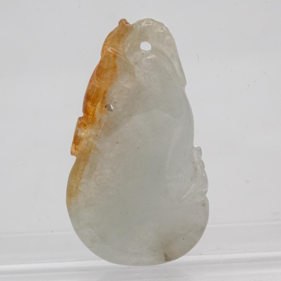 Chinese Carved Natural Icy Nephrite Jade Gourd Pendant: Medium: Natural Icy Nephrite Jade Size: 1.5x0.8x0.3 inches Age/Detail: Chinese Carved Condition: great overall, check photo for condition reference. Provenance: Collection from Estate in Williamsburg