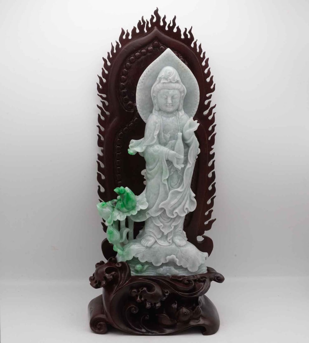 Chinese Hand-Carved Natural Jadeite Guanyin Bodhisattva Sculpture: Medium: Natural Jadeite Size: 6.3x4x14.5 inches Age/Detail: Chinese Hand-Carved Condition: great overall, check photo for condition reference. Carved from natural jadeite, this Guanyin figure displays