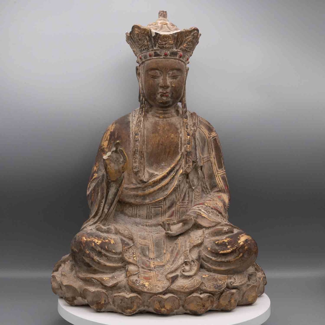 Antique Qing Dynasty Polychrome Terracotta Gesso Crowned Bodhisattva Figure: Medium: Polychrome Terracotta Gesso Size: 9x8x12 inches Age/Detail: Antique Qing Dynasty Condition: broken missing parts, check photo for condition reference. Constructed in traditional temple fashion