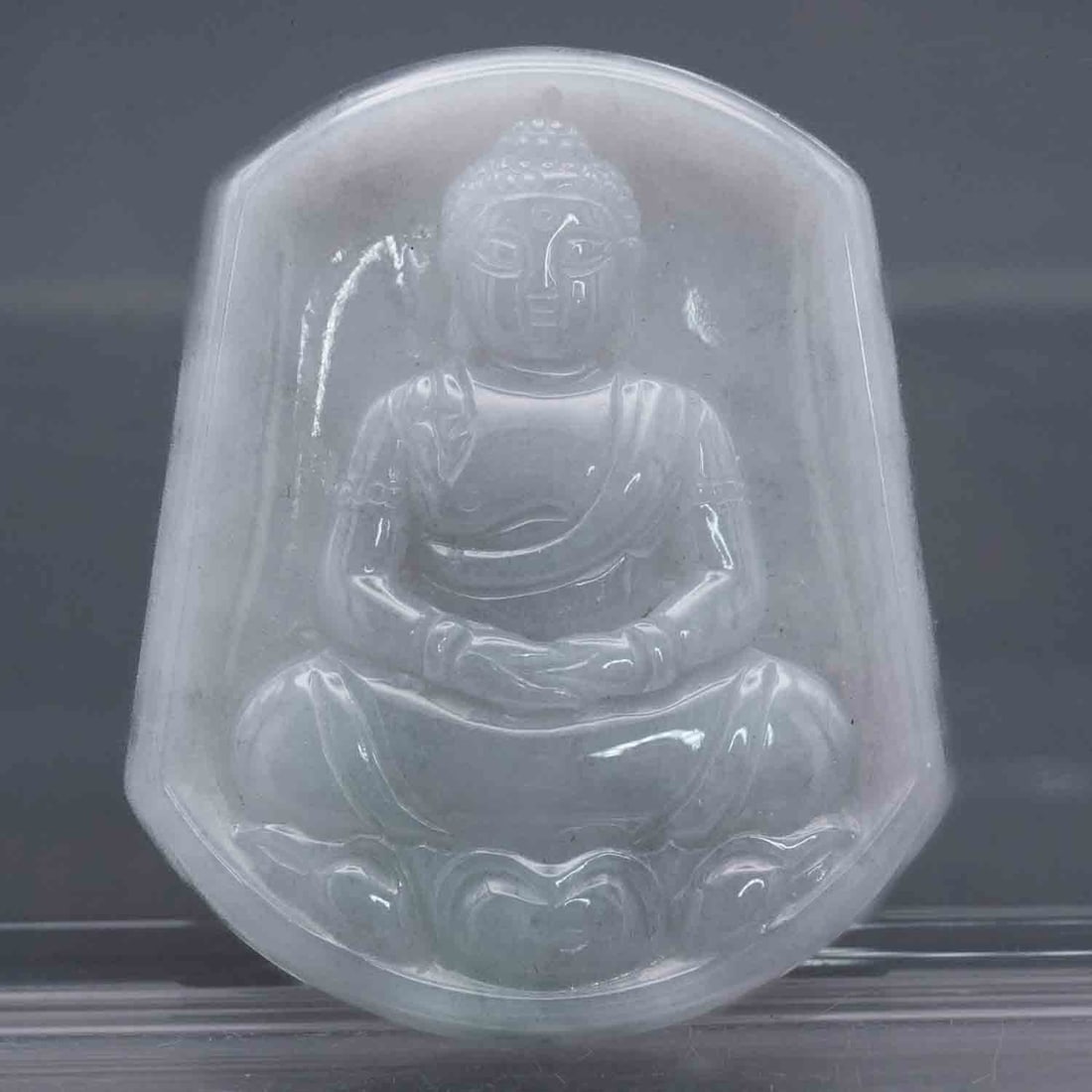 Vintage Chinese Carved Natural Icy Nephrite Jade Buddha Pendant: Medium: Natural Icy Nephrite Jade Size: 1.8x2.3x0.3 inches Age/Detail: Vintage Chinese Carved Condition: great overall, check photo for condition reference. Provenance: Collection from Estate in Willi