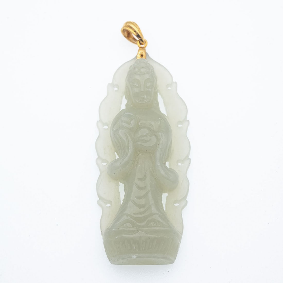 14K Gold Latch Carved White Jadeite Bodhisattva Pendant: Medium: Carved White Jadeite Size: 2.5x1x.25 inches Age/Detail: 14K Gold Latch Condition: Great, check photo for detail Provenance: Collection from Estate in Tribecca Please view all the photos as the