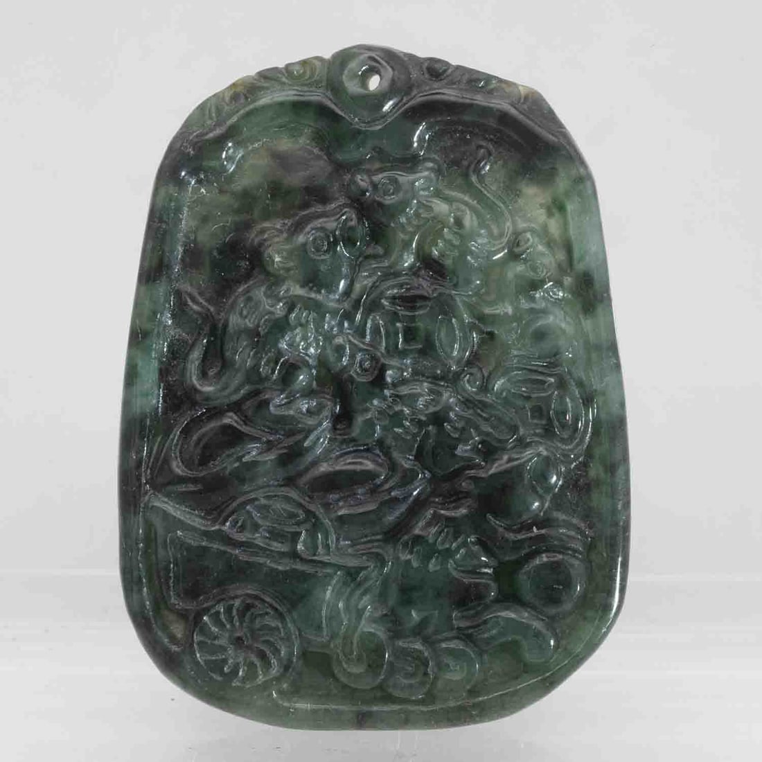 Chinese Carved Natural Green Jadeite Fortune Pendant: Medium: Natural Green Jadeite Size: 1.8x1.4x0.3 inches Age/Detail: Chinese Carved Condition: great overall, check photo for condition reference. Provenance: Collection from Estate in Tribecca LiveShip