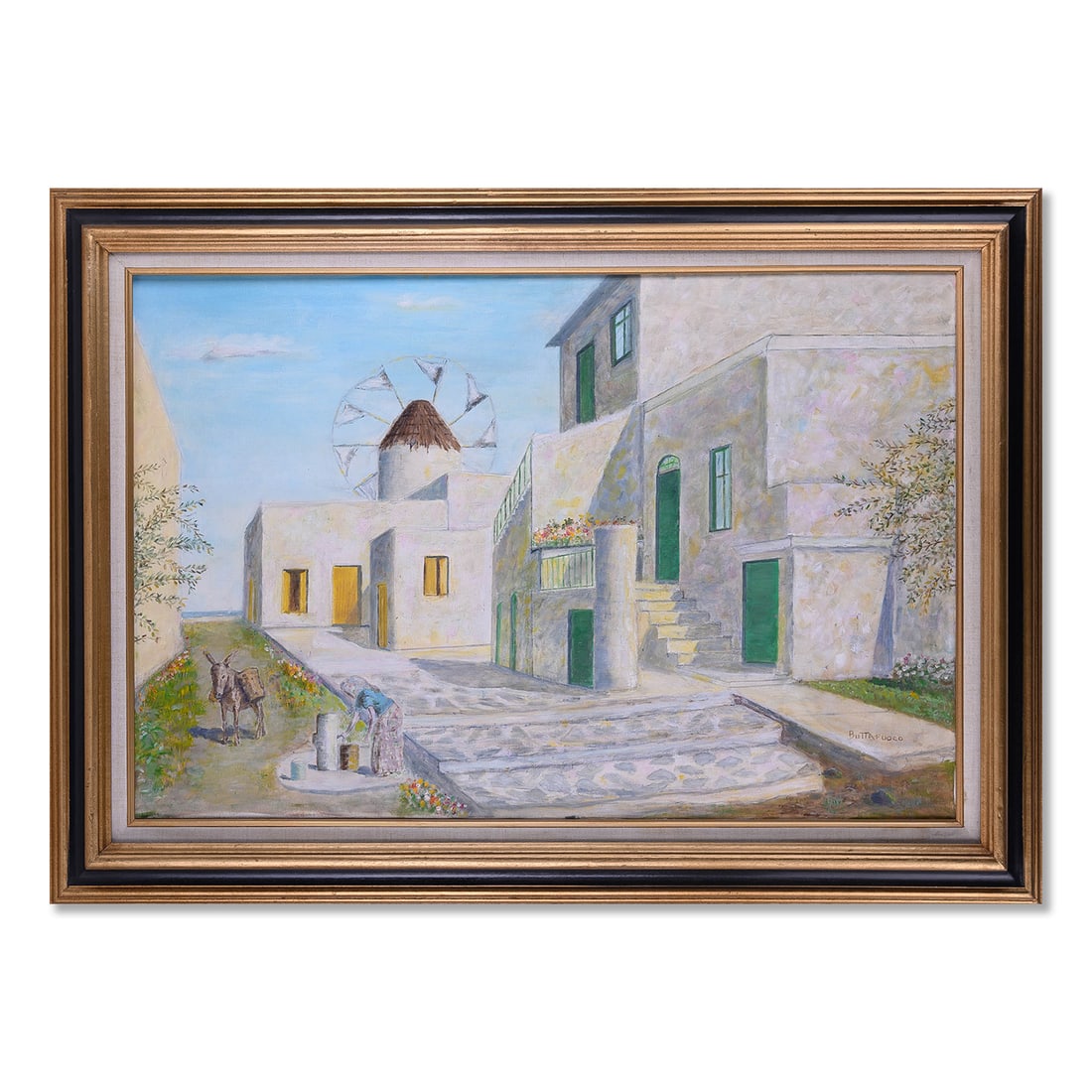 Vintage Impressionist Oil On Canvas "Villa Scene": Title: Villa Scene Medium: Oil On Canvas Size: 24 x 36 inches Frame: 31 x 43 inches Age: Vintage Condition: Great Condition, some small blemishes on the frame Signature: Lower right, Buttafuoco Proven