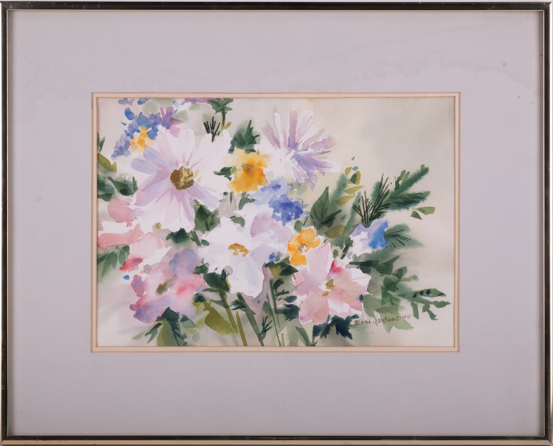 1975 Impressionist Watercolor On Paper "White Flowers": Title: White Flowers Medium: Watercolor On Paper Size: 9 x 13 inches Frame: 16 x 20 inches Age: 1975 Condition: Painting is in excellent condition Signature: Signed Artist: Elise Gardiner? Provenance: