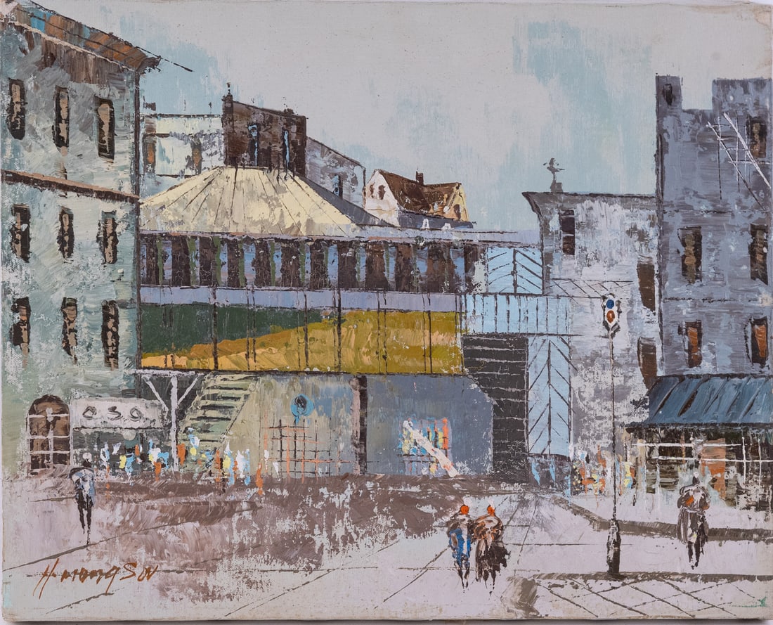 Vintage Impressionist Oil On Canvas "City Landscape": Title: City Landscape Medium: Oil On Canvas Size: 20 x 16 inches Age: Vintage Condition: Great Overall All Signature: Signed Provenance: Collection From Glen Cove Combined shipping rate available. For