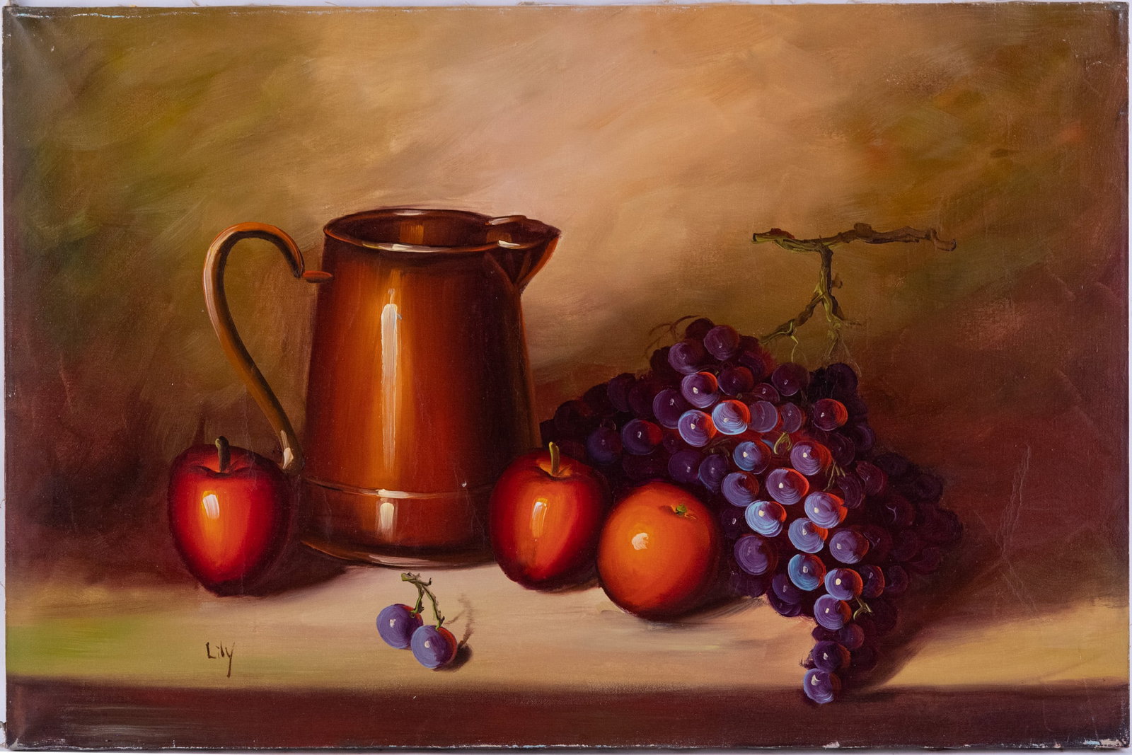 Vintage Still Life Oil On Canvas "Fruits With Water Jug": Title: Fruits With Water Jug Medium: Oil On Canvas Size: 24 x 36 inches Age: Vintage Condition: Great Overall All Signature: Signed Provenance: Collection From Glen Cove Combined shipping rate availab