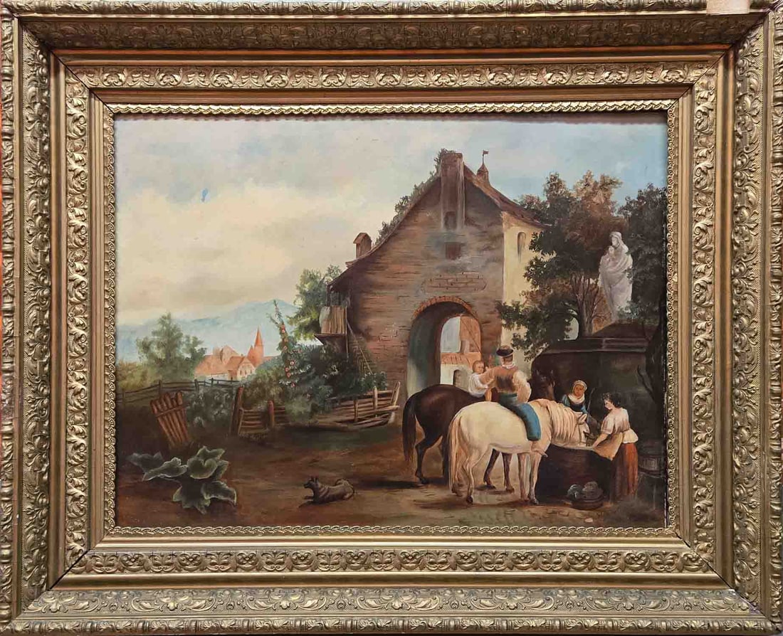 Antique Continental Style Oil On Board "Village Scene": Title: Village Scene Medium: Oil On Board Size: 18 x 24 inches Frame: 26 x 32 inches Age: Antique Condition: Great, please check photo for condition reference Provenance: Estate in Tribeca Combined sh