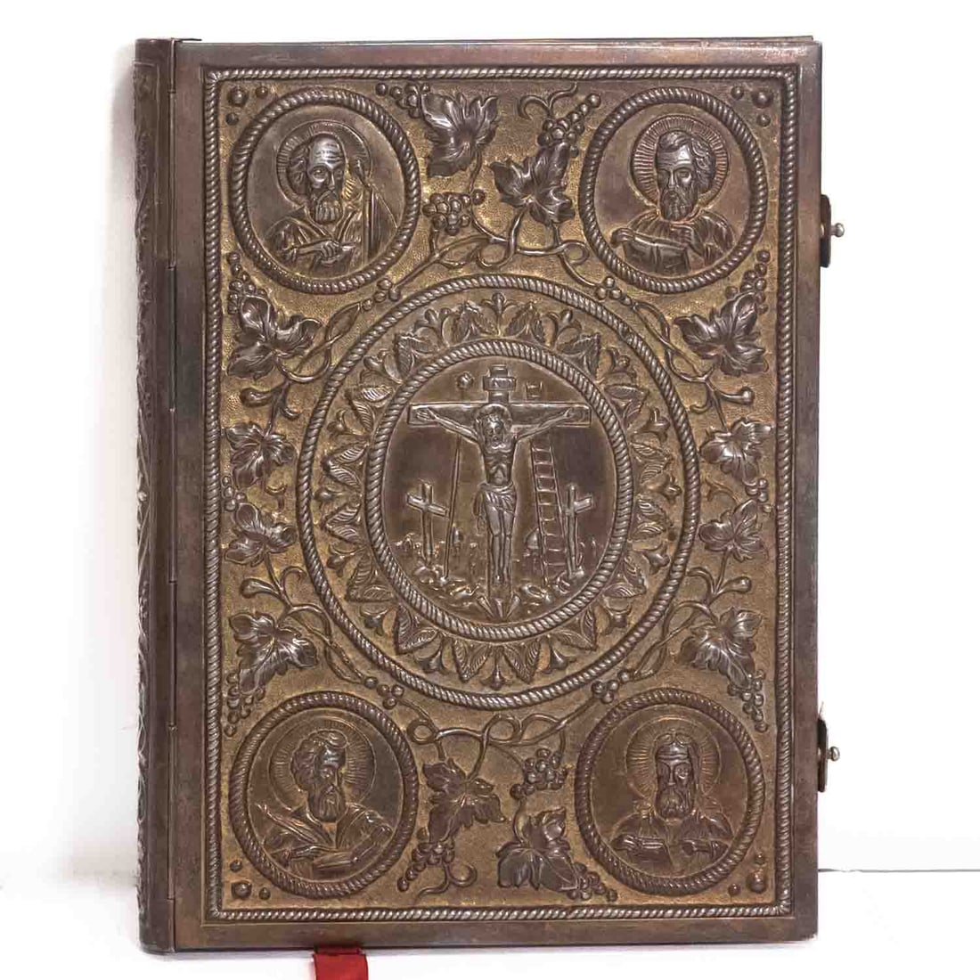 Greek Orthodox Paper With Brass Cover Gospel Book: Medium: Paper With Brass Cover Size: 10.5x13.7x1.5 inches Age/Detail: Greek Orthodox Condition: great overall, check photo for condition reference. Provenance: Collection from Estate in Williamsburg L