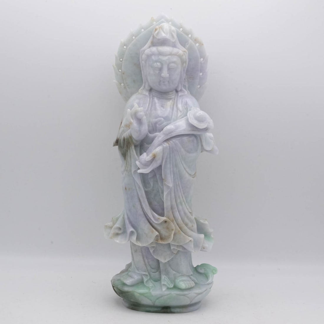 Chinese Carved Natural Jadeite Guanyin Figure: Medium: Natural Jadeite Size: 4.5x3x11.3 inches Age/Detail: Chinese Carved Condition: great overall, broken parts, check photo for condition reference. Provenance: Collection from Estate in Williamsbu