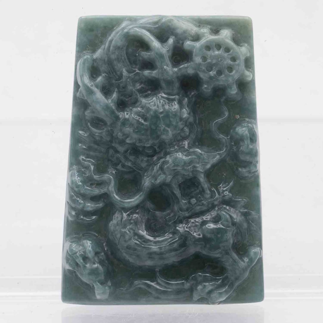 Vintage Chinese Carved Nephrite Green Jade Dragon Pendant: Medium: Nephrite Green Jade Size: 1.8x2.7x0.5 inches Age/Detail: Vintage Chinese Carved Condition: great overall, check photo for condition reference. Provenance: Collection from Estate in Williamsbur