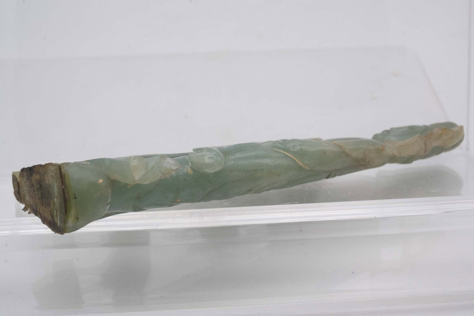 Antique Chinese Carved Natural Jadeite Lady Figure: Medium: Natural Jadeite Size: 6.3x3x0.7 inches Age/Detail: Antique Chinese Carved Condition: broken part, great overall, check photo for condition reference. Provenance: Collection from Estate in Trib