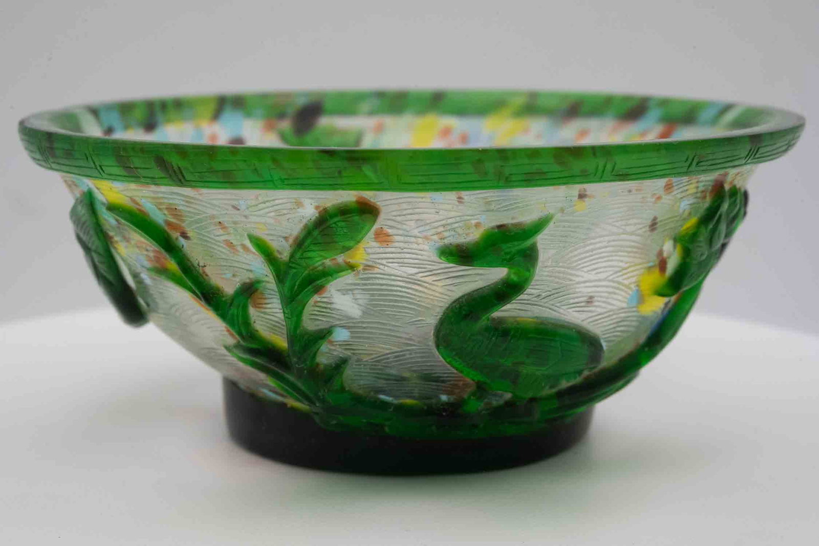 Vintage Chinese Colored Glass Bowl: Medium: Colored Glass Size: 2x5x5 inches Age/Detail: Vintage Chinese Condition: great overall, check photo for condition reference. Provenance: Collection from Estate in Tribecca LiveShipping is NOT a