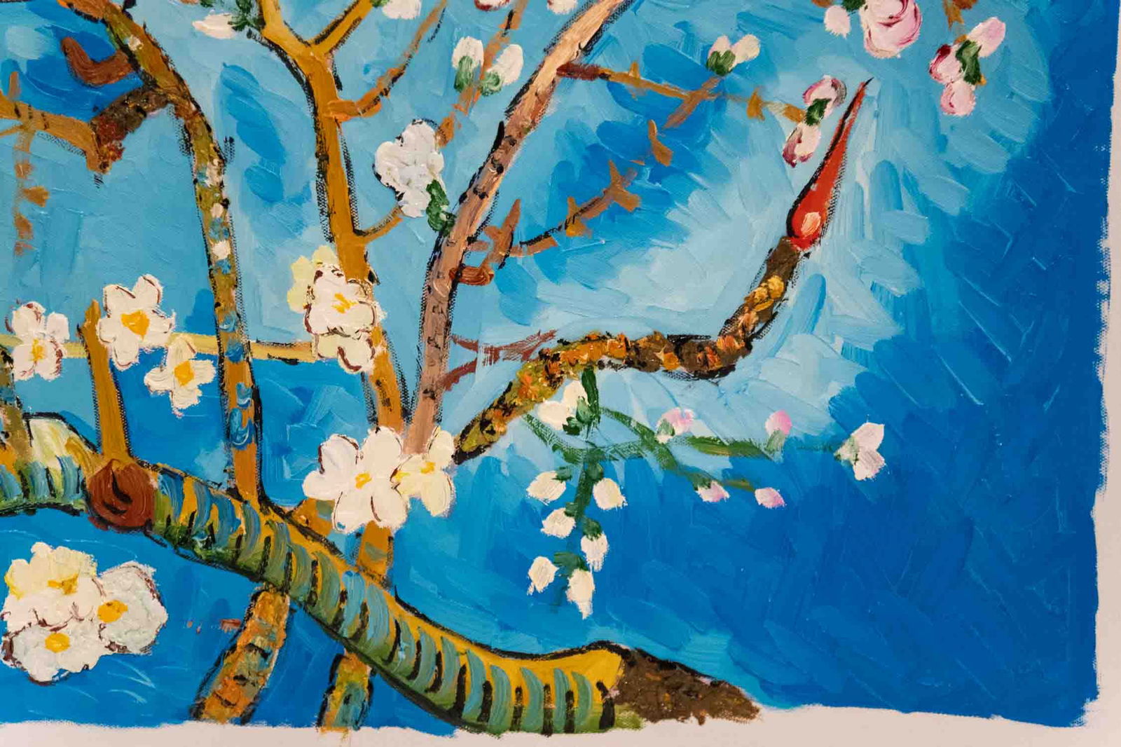 After Van Gogh Acrylic On Canvas "Almond Blossoms": Title: Almond Blossoms Medium: Acrylic On Canvas Size: 24 x 20 inches Please Note: This artwork is unstretched Detail: Condition: Great, hand painted, please check photo for condition reference Signat