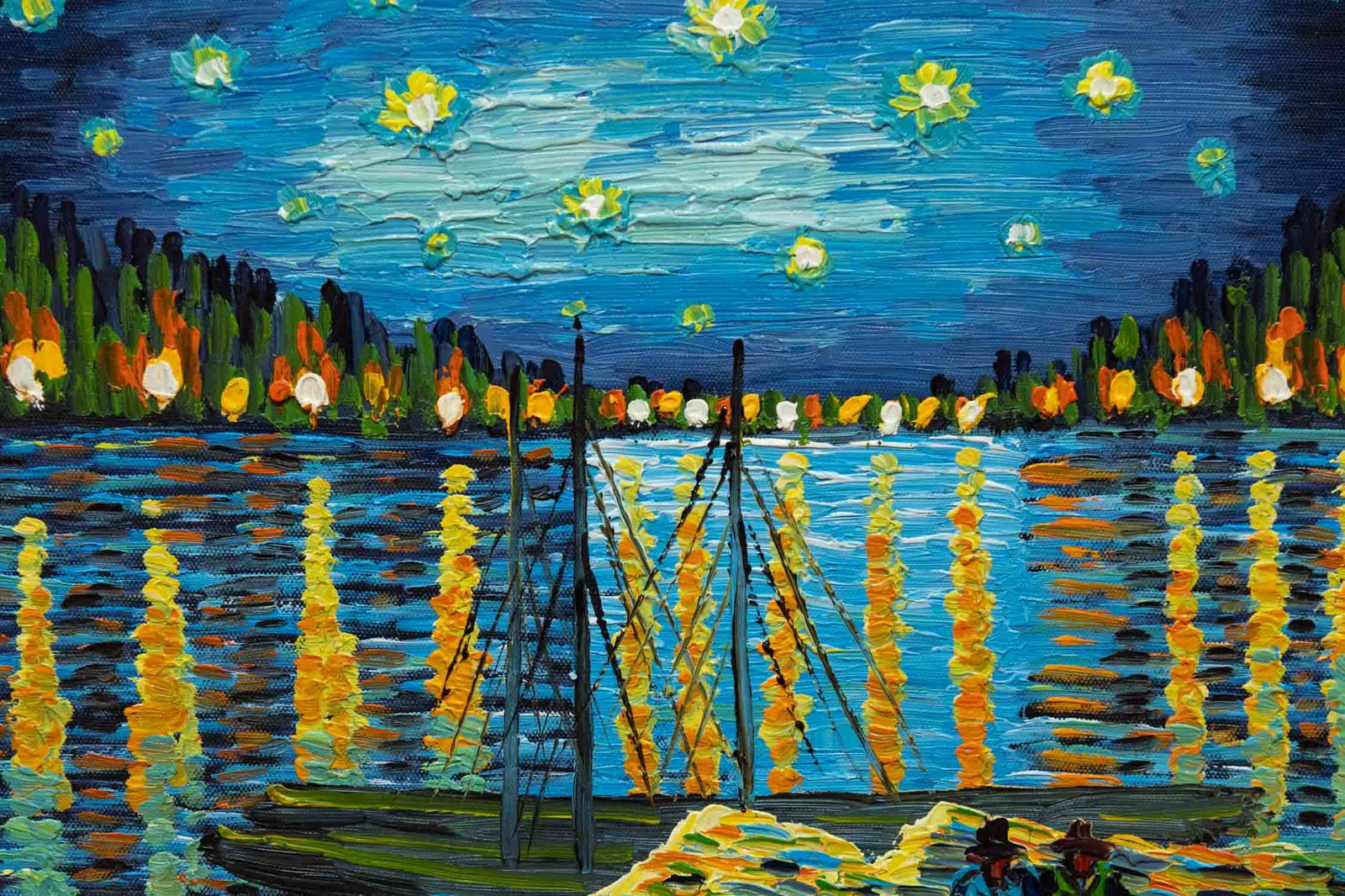 After Van Gogh Acrylic On Canvas "Starry Night Over The Rhone": Title: Starry Night Over The Rhone Medium: Acrylic On Canvas Size: 16 x 12 inches Frame: 17 x 13 inches Age: Condition: Great, hand painted, please check photo for condition reference Provenance: Comb