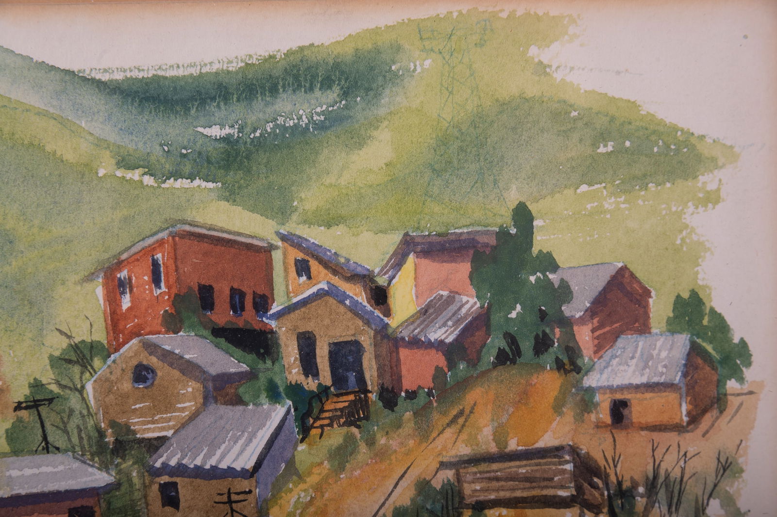 VIntage Modernist Watercolor On Paper "Village Landscape": Title: Village Landscape Medium: Watercolor On Paper Size: 5.5 x 8.5 inches Frame: 11 x 14 inches Age: VIntage Condition: painting is in excellent condiiton. no damage is observed. Signature: Signed l