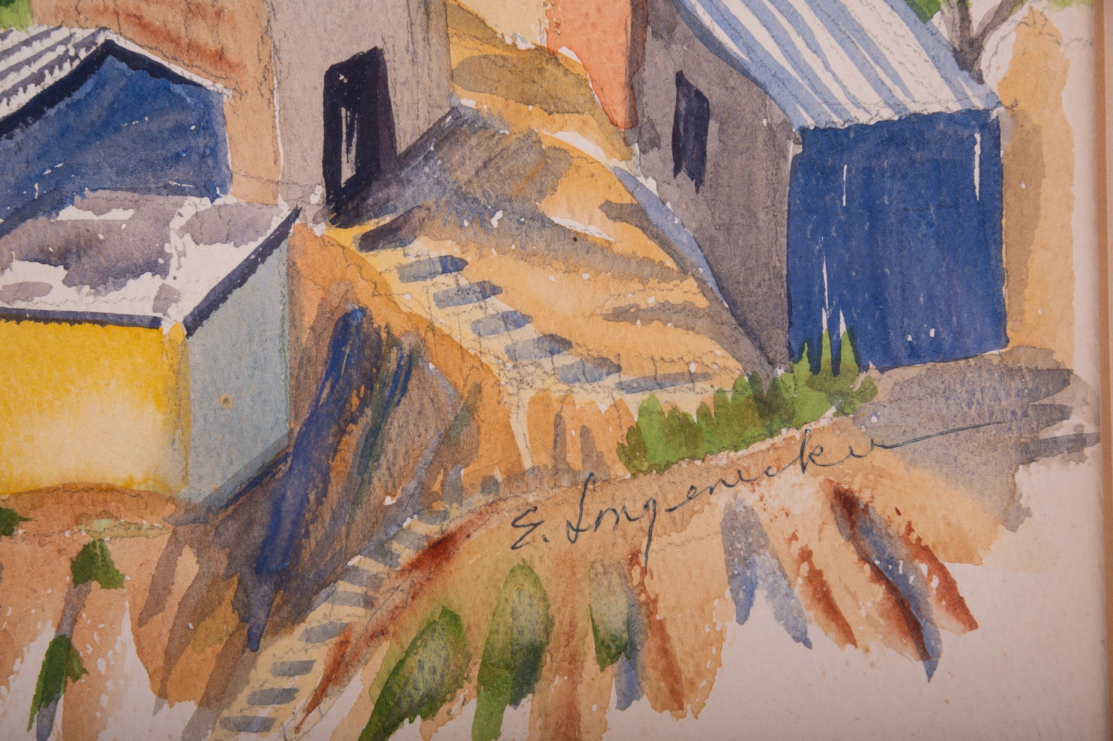 VIntage Modernist Watercolor On Paper "Village Scene": Title: Village Scene Medium: Watercolor On Paper Size: 10 x 8 inches Frame: 15 x 13 inches Age: VIntage Condition: painting is in excellent condiiton. no damage is observed. Signature: Signed lower ri