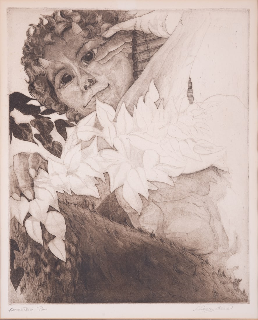 Artist Proof Modernist Etching On Paper "Pan": Title: Pan Medium: Etching On Paper Size: 13 x 10.5 inches Frame: 19 x 16.5 inches Age: Artist Proof Condition: Item is in excellent condition. Signature: Pencil Signed, Artist Proof Artist: Dianne Le