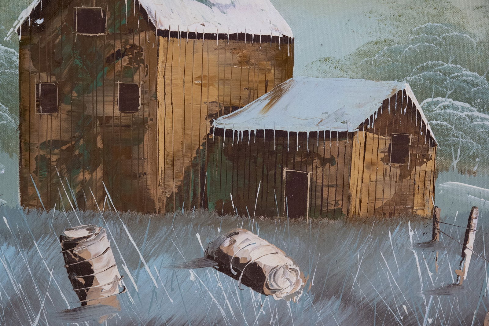 Vintage Scenic Oil On Canvas "Cabin View": Title: Cabin View Medium: Oil On Canvas Size: 20 x 16 inches Age: Vintage Condition: Great Overall All Signature: Signed Provenance: Collection From Glen Cove Combined shipping rate available. For aff